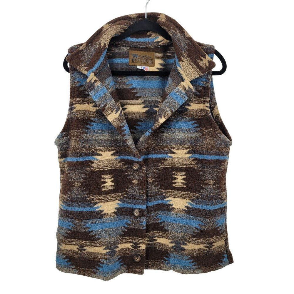 Vtg Bear Ridge Southwestern Teddy‎ Bear Vest Sz L Brown Blue Button USA Pockets